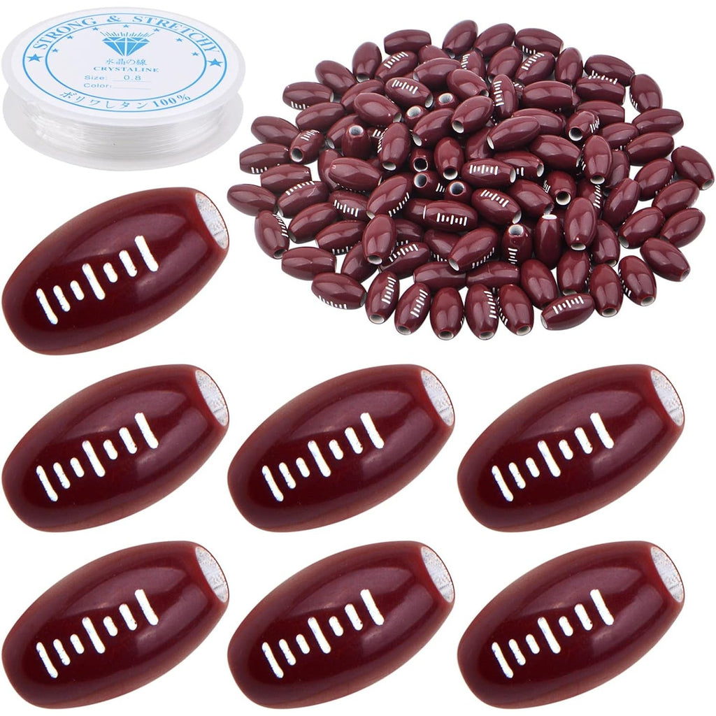 120pcs Large Hole Rugby Spacer Beads Acrylic Football Sports Craft Beads with A Roll of Elastic Crystal String for DIY Friendship Bracelet Necklace Jewelry Making