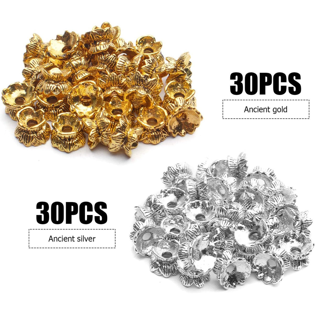 Lotus Form 60PCS Double End Flower Bead Spacer Caps, Antique Alloy Jewelry Caps for Bracelet, Necklace, Earring Crafts Making