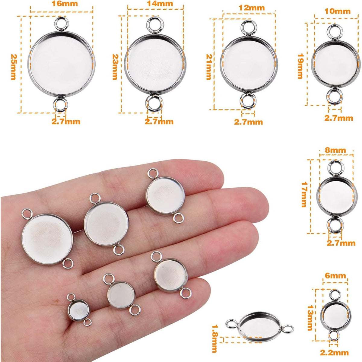 24pcs Stainless Steel Round Blank Bezel Pendant Cabochon Connectors Stud Earring Pendant Trays Blanks Links for DIY Jewelry Making Photo Resin Art Crafts, 6 Sizes