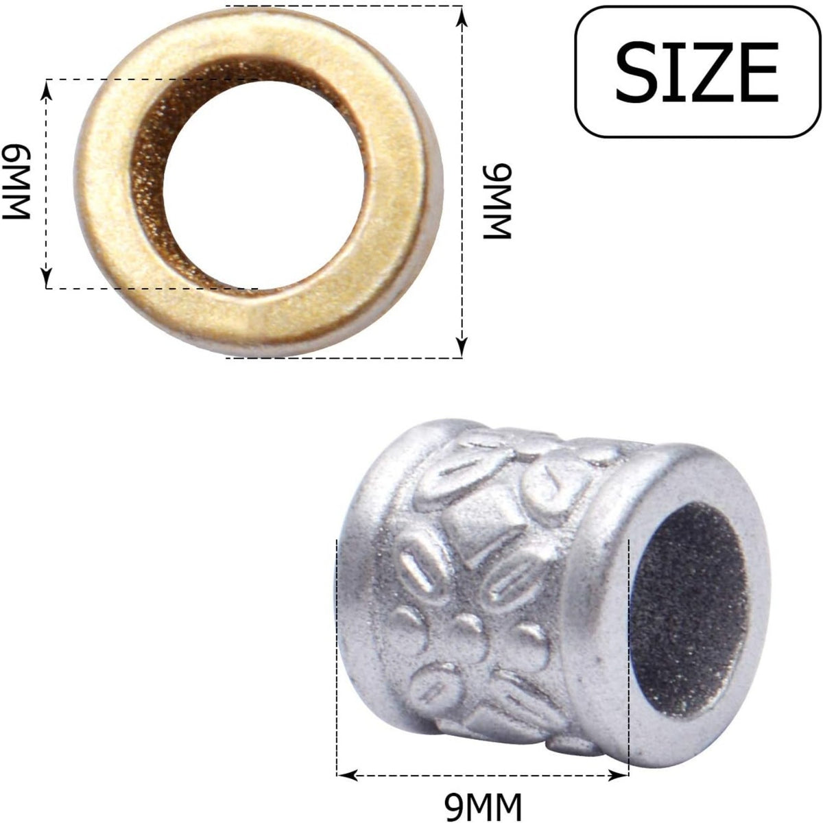 Hair Tube Beads,100pcs Golden and Silver Hair Dreadlock Beads Plastic Braid DIY Beads Large Hole Beads for Men Women Hair Beard Moustache Decoration,9x9x6mm