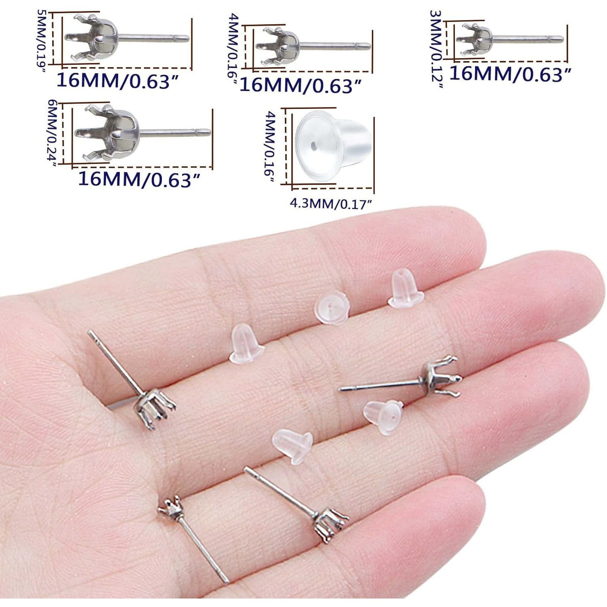 40pcs Stainless Steel Earring Posts Hypoallergenic Crown Piercing Earring Studs and 40pcs Clear Bullet Earring Backs for Women Girls DIY Dangle Jewelry Making, 4 Sizes