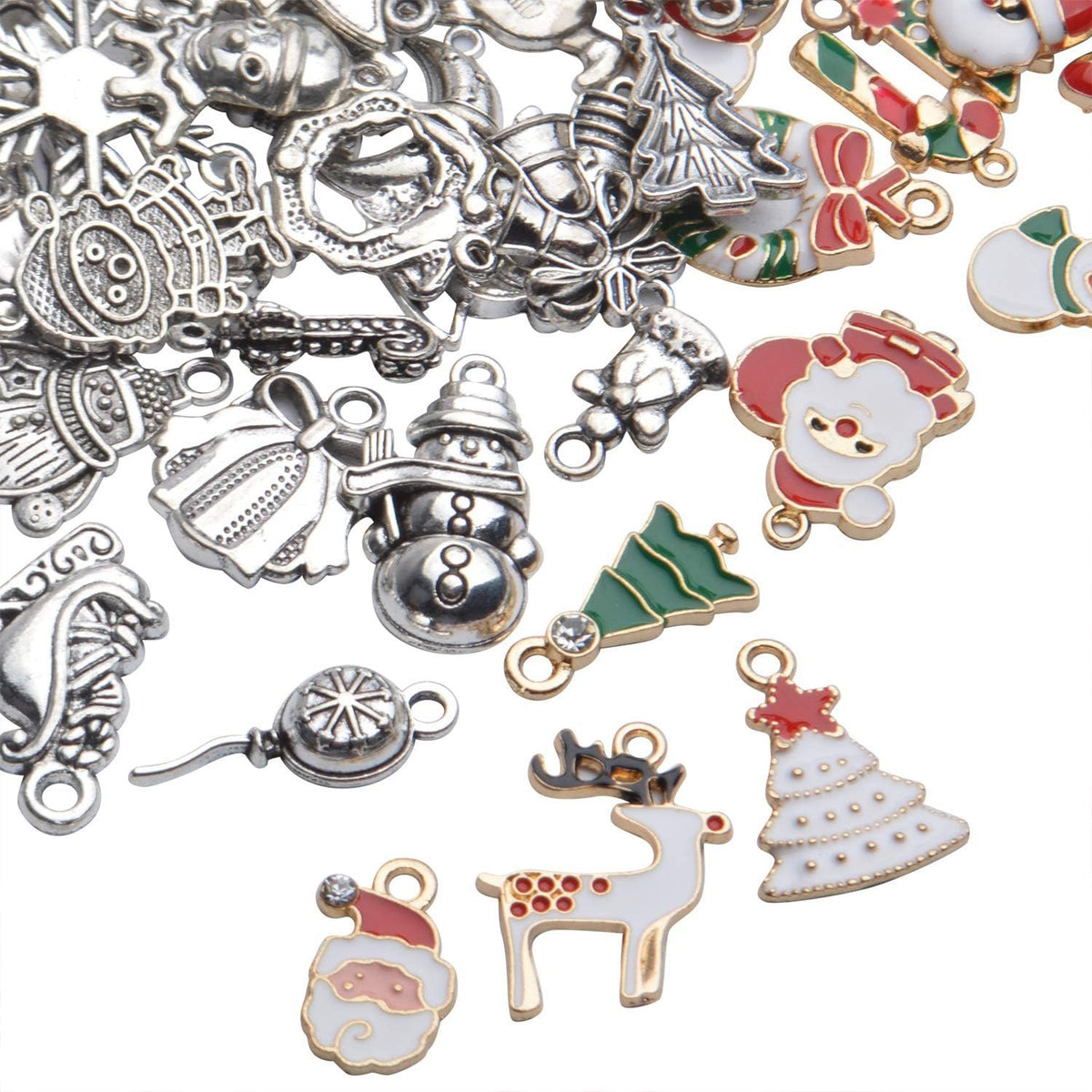 70 Pieces Christmas Charms Pendants Enamel Alloy Christmas Snowflake Tree Snowman Stocking Bell Deer Charms for DIY Earrings Necklace Bracelet Jewelry Making
