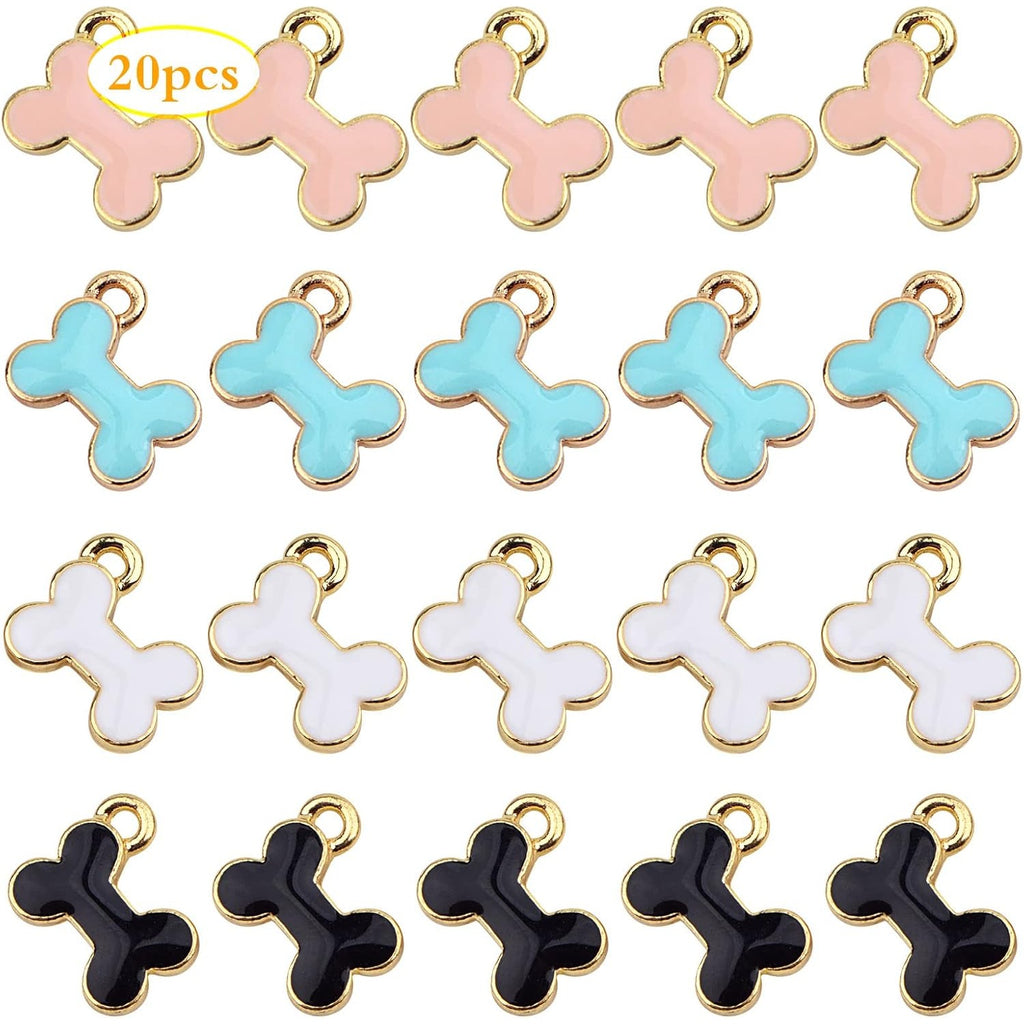 20pcs 4 Colors Enamel Dog Bone Charms Alloy Lovely Pet Pendants Doggy Bone Shaped Dangle Charms for DIY Earring Necklace Bracelet Jewelry Making, Hole: 2.5 mm