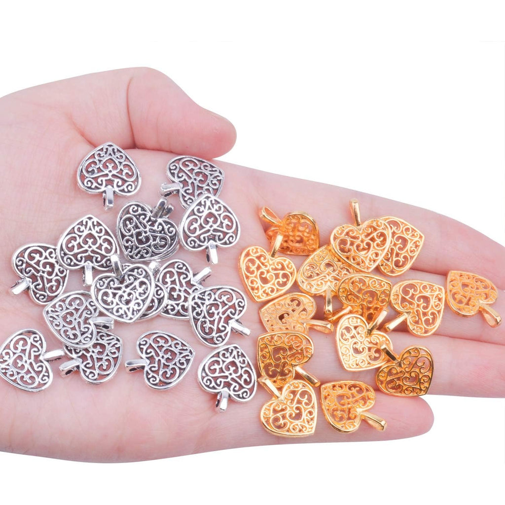 100 Pieces Heart Charms Pendants Metal Beads for Jewelry Making Bracelet Necklace,Antique Silver and Gold