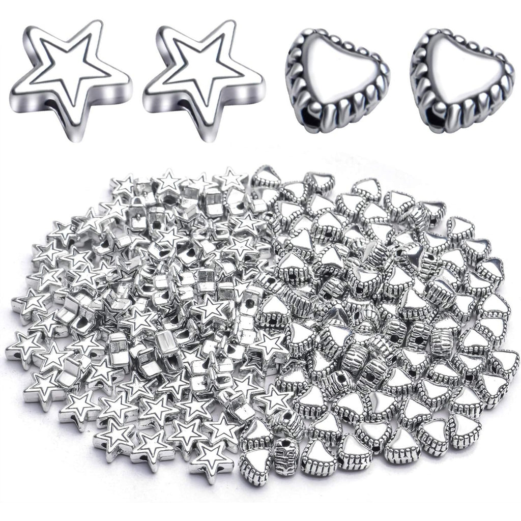 200pcs Alloy Antique Silver Star Heart Spacer Beads for DIY Handmade Charms Bracelets Necklace Accessories Jewelry Crafts Making
