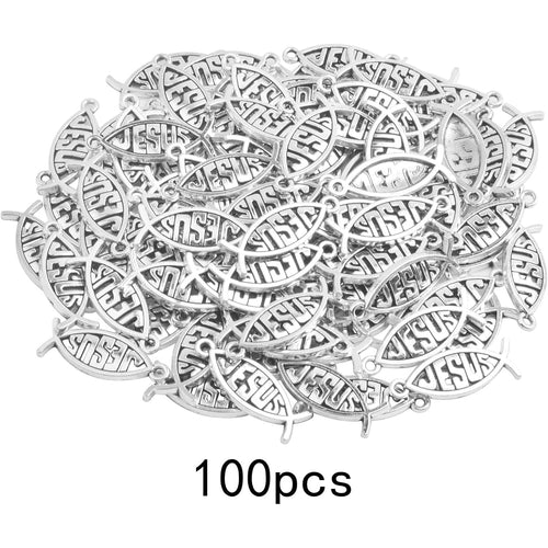 100pcs Antique Silver Jesus Fish Charms Tibetan Alloy Christian Fish Shaped Jesus Pendants Charms Craft Supplies for DIY Bracelet Necklace Jewelry Making Findings