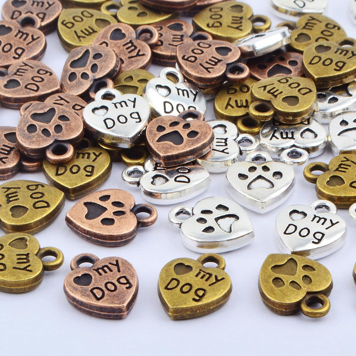 60pcs Love My Dog Lettering Word Charms Tibetan Alloy Heart Dog Paw Print Pendants Double-Sided Animal Pet Puppy Footprint Charms for DIY Necklace Bracelet Jewelry Making, 3 Colors