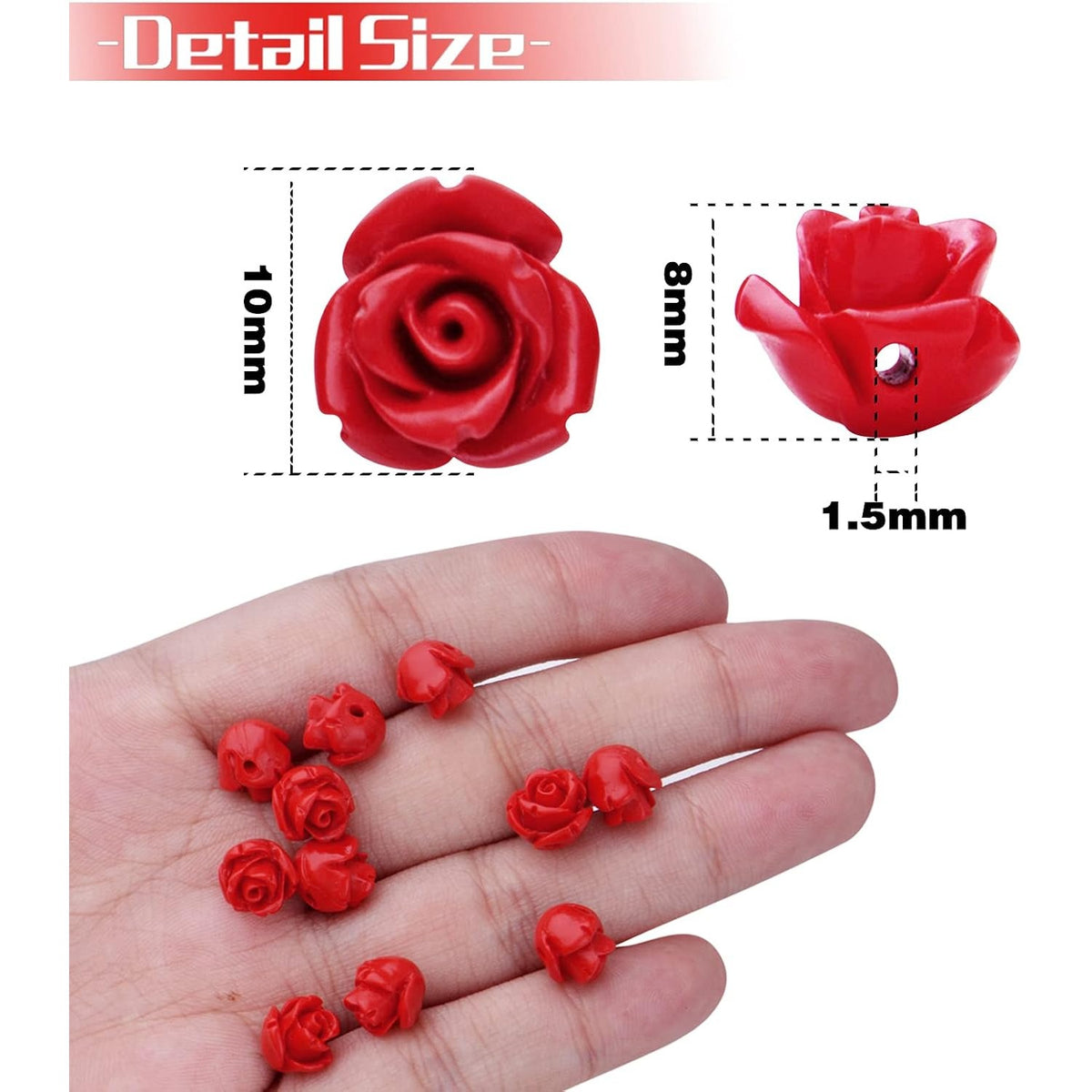 50pcs Cinnabar Carved Rose Beads Rose Flower Loose Beads for DIY Earrings Necklace Bracelet Jewelry Making Supplies Wedding Party Anniversary Favor Gifts, 10 mm x 8 mm, Hole: 1.5 mm