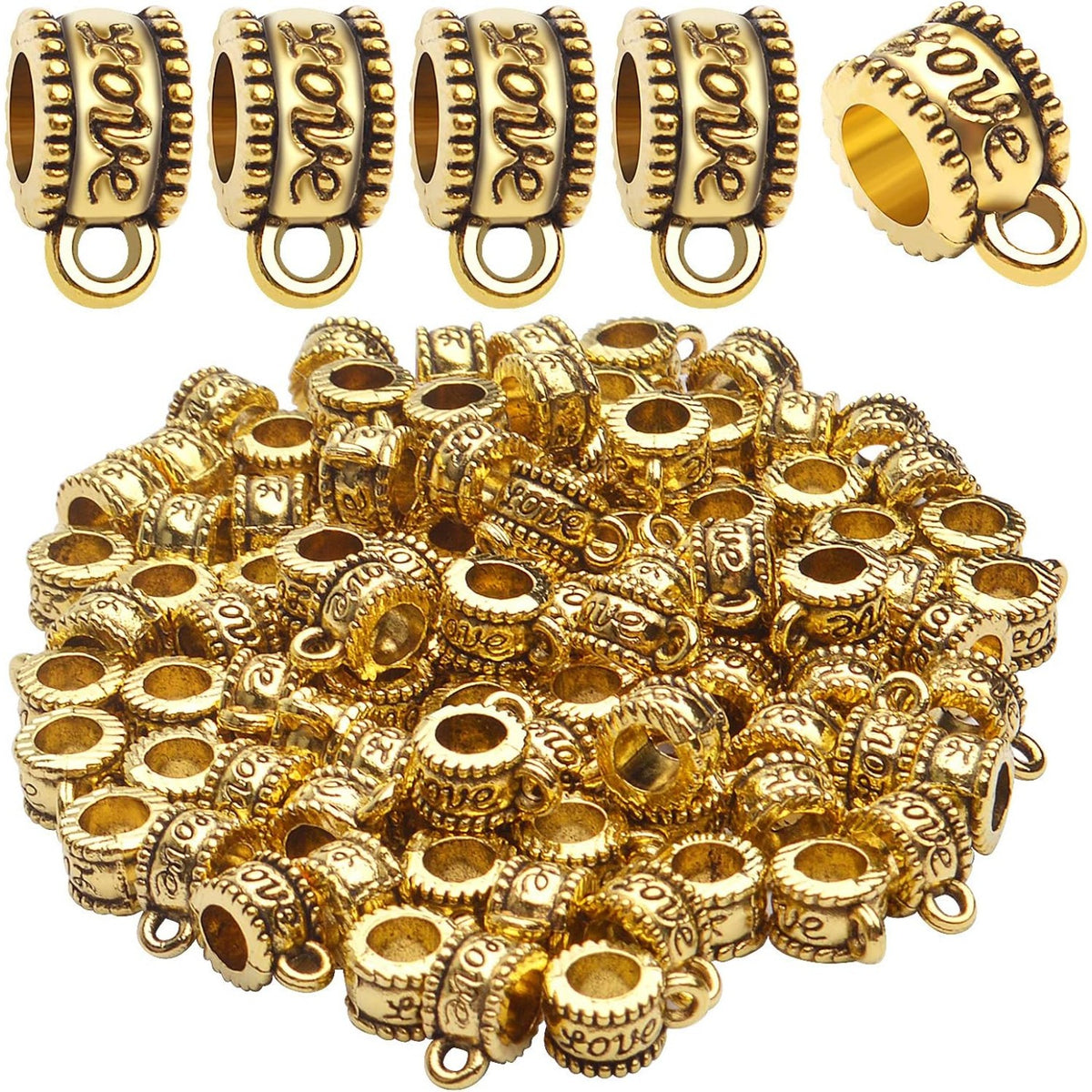 100pcs Antique Gold Bail Beads Tibetan Alloy Bail Tube Spacer Bead Connector Hanger Beads for Bracelet Necklace Pendant Jewelry Making