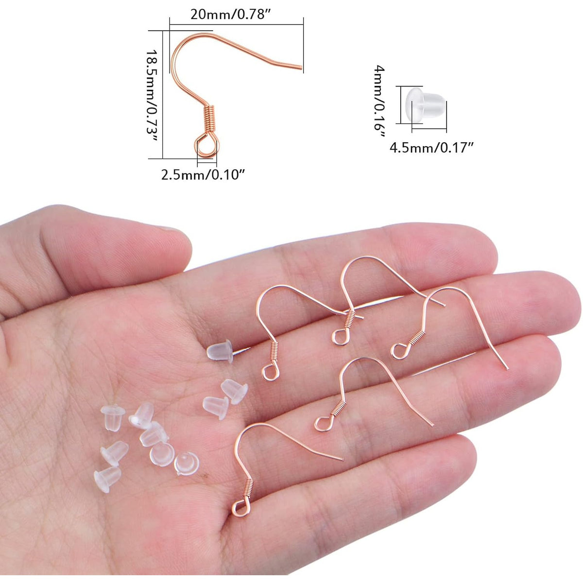 50pcs Stainless Steel French Earring Hooks Hypoallergenic Ear Wire Fish Hooks with 50pcs Silicone Earring Safety Backs for DIY Earrings Jewelry Making Supplies, Rose Golden