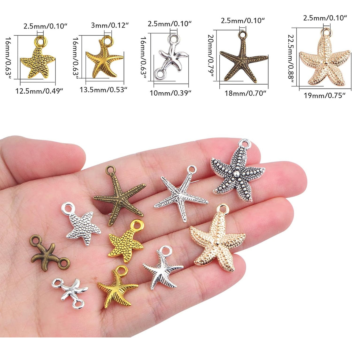 60pcs Mixed Color Marine Life Starfish Charms Vintage Sea Animal Starfish Sea Star Pendant Charms Collection for DIY Necklace Bracelet Jewelry Making Crafting, 5 Styles