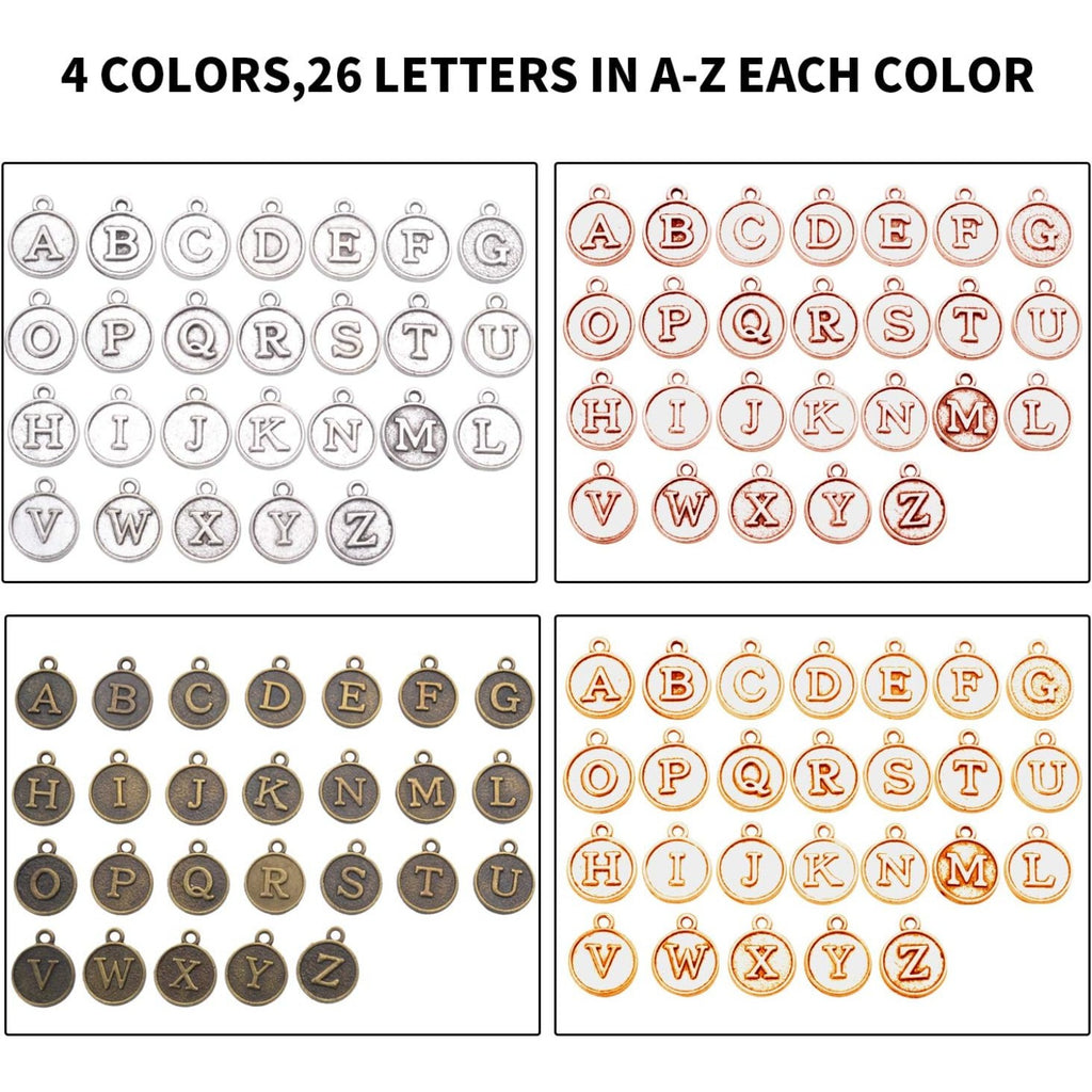 4 Sets(104 pcs) Alloy A-Z Initial Alphabet Letter Mixed Charms Pendants for DIY Jewelry Making,Bracelet and Crafting
