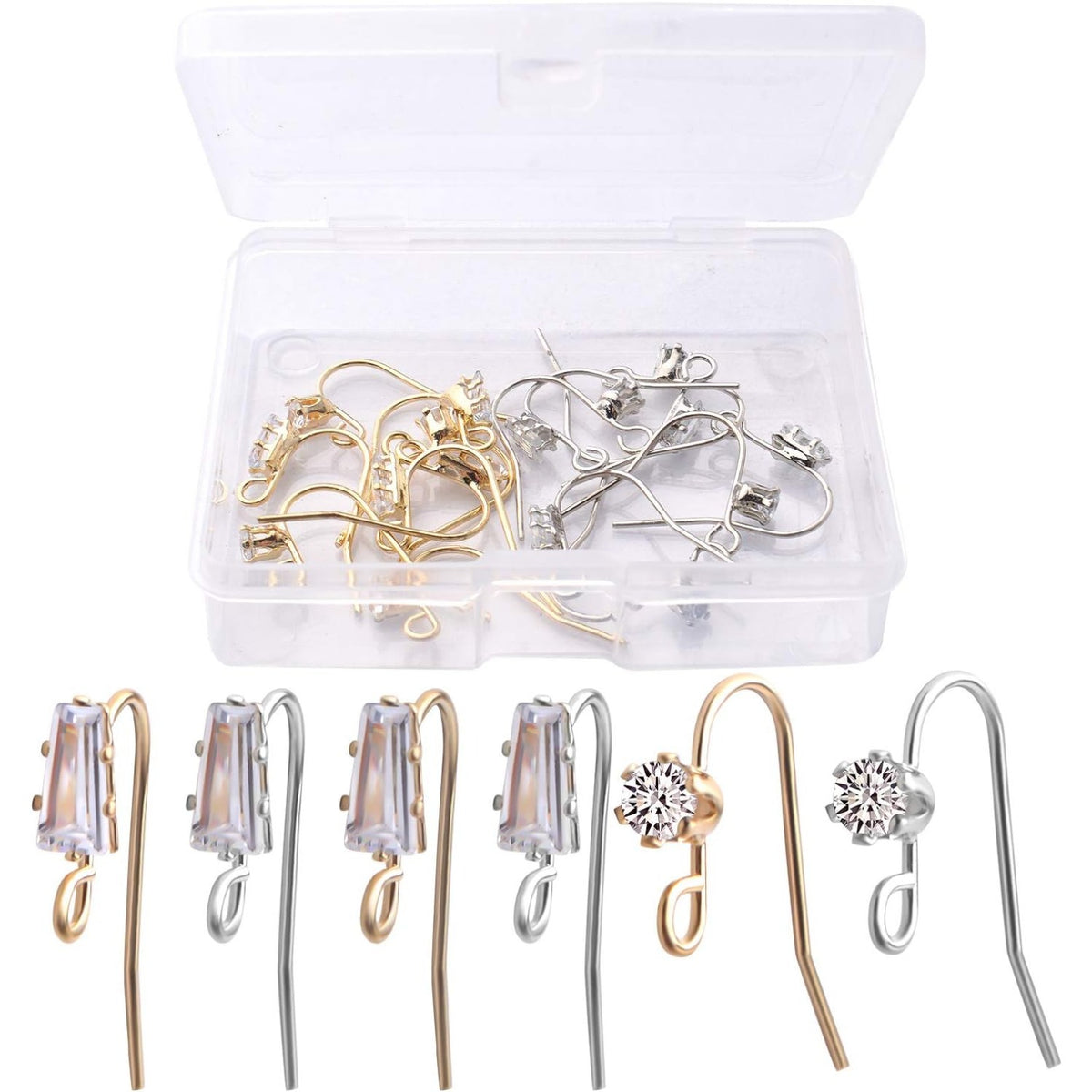 16pcs French Earring Hooks Ear Wire Hooks Hypo-allergenic Earring with Rhinestone Jewelry Earring Hook and A Box for Jewelry Making and DIY Earring Making