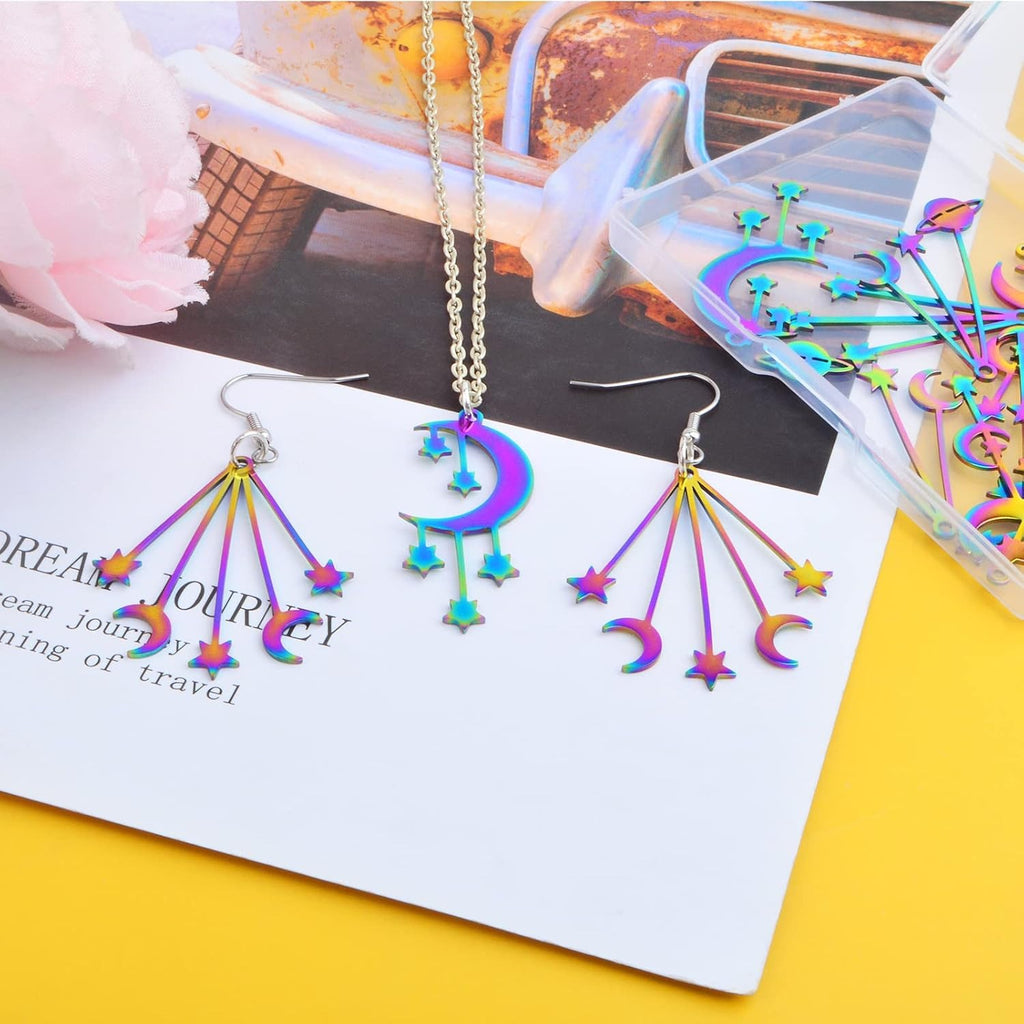 10pcs 5 Styles Stainless Steel Moon Star Charms Celestial Nature Theme Tassel Pendants Etched Embellishments with a Box for DIY Necklace Earrings Jewelry Making Supplies, Rainbow Color