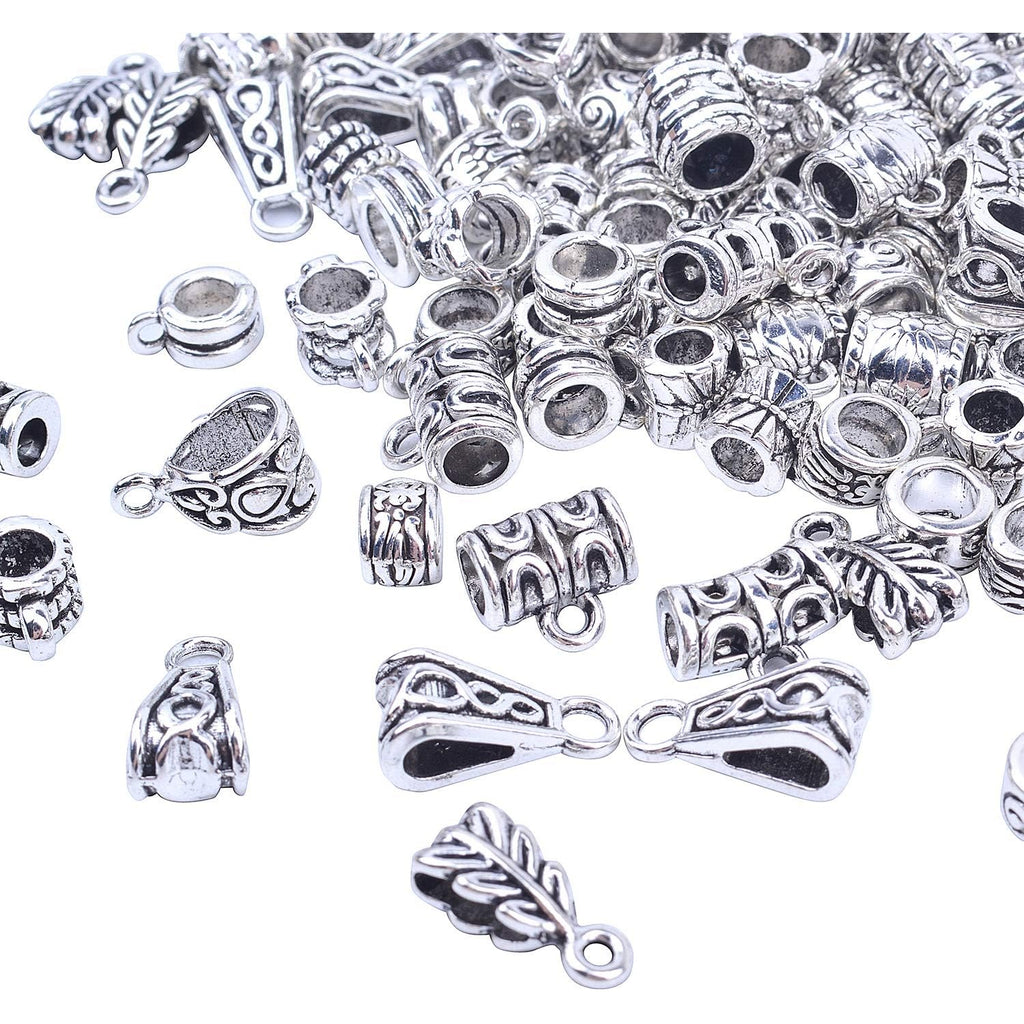 100g Bails Beads,14 Styles Tibetan Silver Bail Tube Beads Spacer Beads Bead Hanger for Jewelry Making Bracelet Necklace 120-126 Pieces