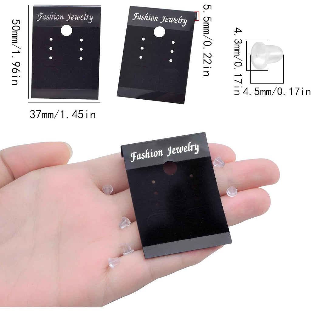 100pcs Black Earring Display Cards Velvet Plastic Earring Card Holders and 200pcs Clear Bullet Earring Backs for Ear Studs Jewelry Accessory Displaying, 3.7 x 5 cm