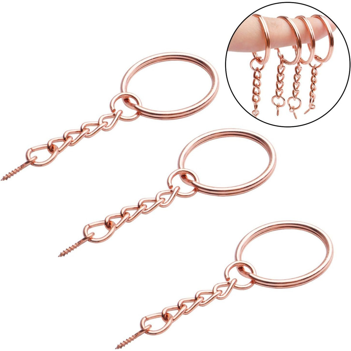 50pcs 25mm Split Key Ring with Extend Chain and 12mm Screw Eye Pin for Craft Charm Making,Rose Gold