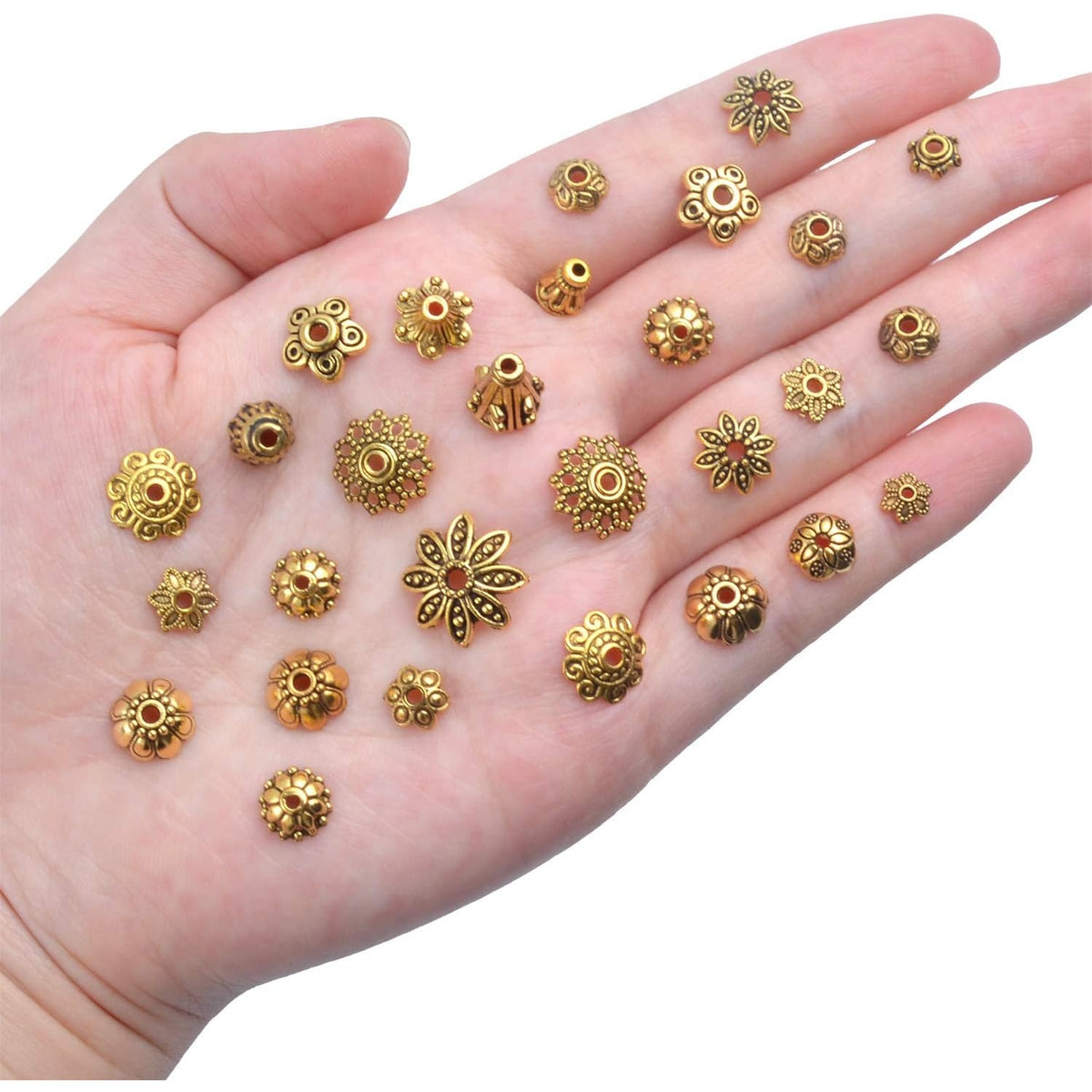120g Bead Caps with A Clear Storage Box, Tibetan Gold Beads Spacers Jewelry Findings Accessories for Jewelry Making 300-350 Pieces