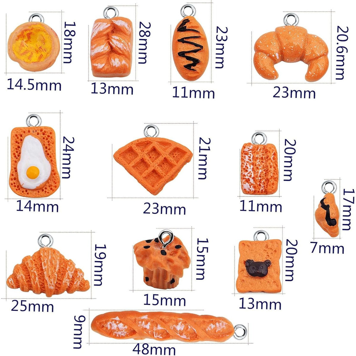 24pcs Mixed Imitation Food Charms Resin Loaf Bread Baking Baguette Cake Croissant Waffle Egg Tart Dangle Pendants Ornament for DIY Necklace Keychain Jewelry Making