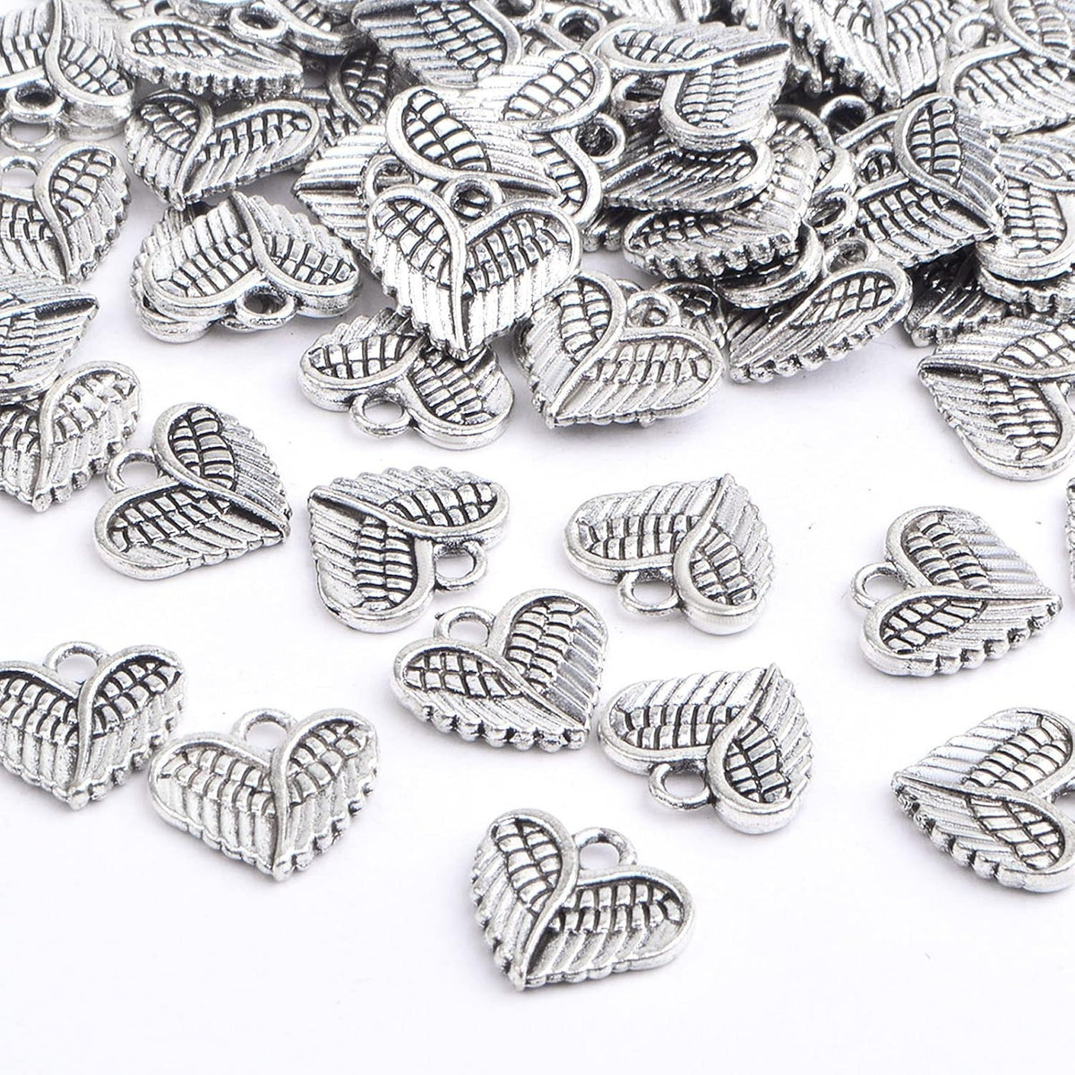100pcs Antique Silver Angel Wings Feathers Charms Vintage Alloy Heart Shape Angel Wing Dangle Pendants for DIY Bracelet Necklace Jewelry Making Supplies Gifts