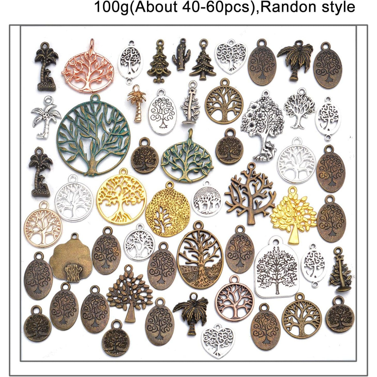 100g(40-60pcs) Alloy Tree of Life Charms Pendants Beads Craft Supplies for Jewelry Making Necklace Bracelet, Mixed Color