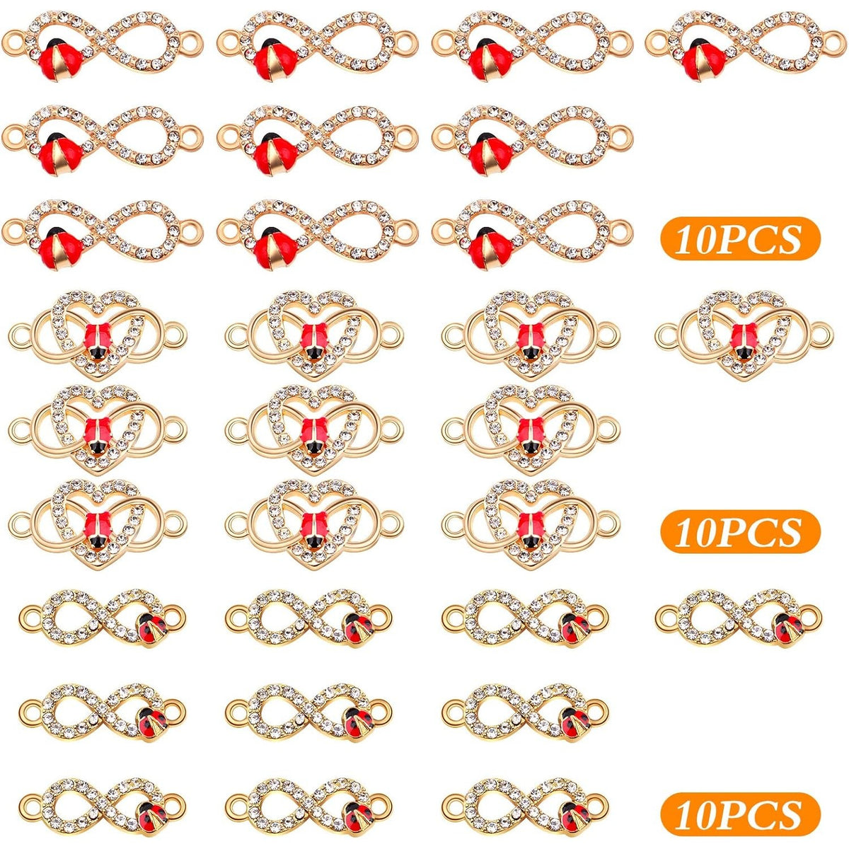 30pcs Infinity Symbol Connector Charms Alloy 8 Character Rhinestone Ladybug Flying Insect Pendant Links Jewelry Findings DIY Bracelet Necklace Keychain Crafts Decor, 3 Styles
