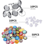 Printed Glass Cabochons, 50pcs 18 Styles Kaleidoscope Pattern Flatback Glass Dome Cabochons Gems (12mm) with 10pcs Silver Stud Earring Blanks and 10pcs Clear Earring Backs for Jewelry Making