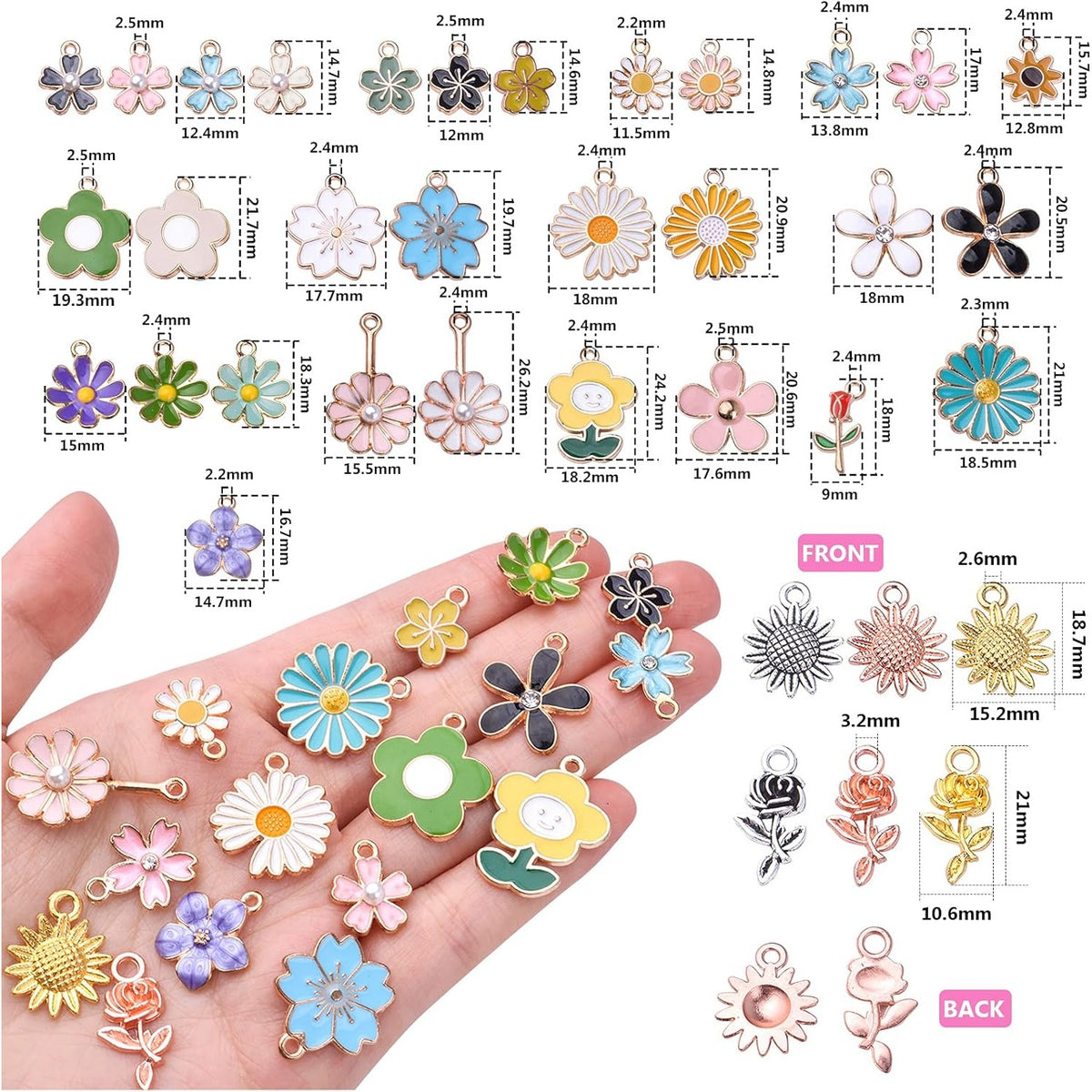 60pcs Mixed Enamel Flower Charms Alloy Sunflower Rose Flower Pendants Sweet Dangle Charms Jewelry Making Accessories for DIY Necklace Bracelet Earring Craft Supplies