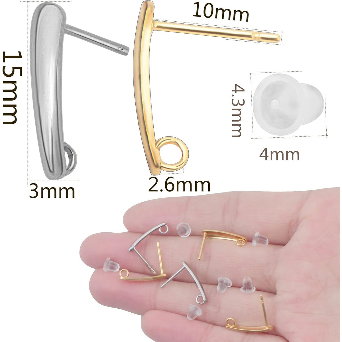 20pcs Stainless Steel Stud Earrings Rectangle Bar Pierced Ear Stud Earrings Components with 20pcs Clear Safety Earring Backs for Jewelry Making, 15x10mm, Hole: 2.6mm