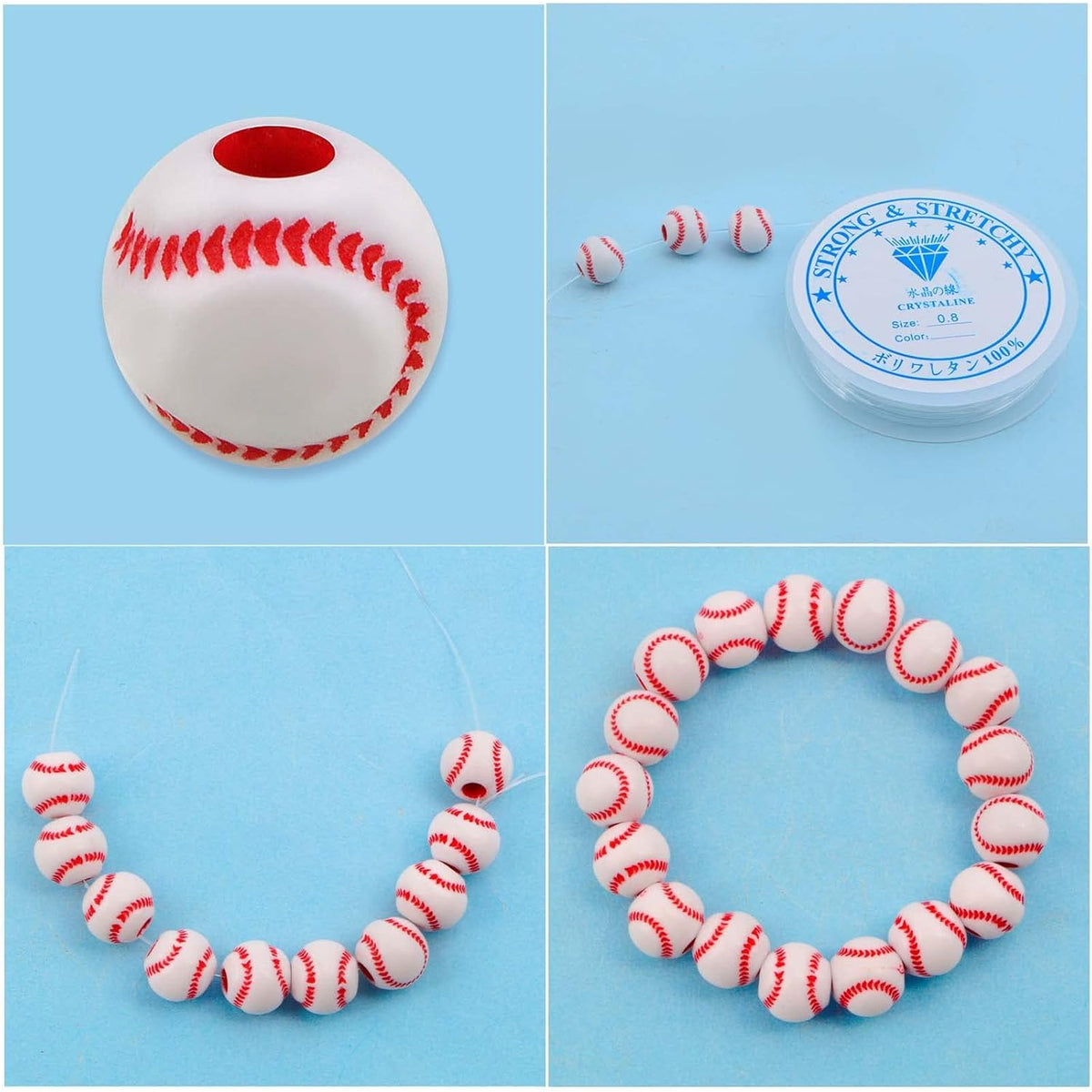 120pcs Round Baseball Spacer Beads Acrylic Baseball Sport Beads with A Roll 6 m of Elastic Crystal String for DIY Necklace Bracelet Jewelry Making Craft Projects