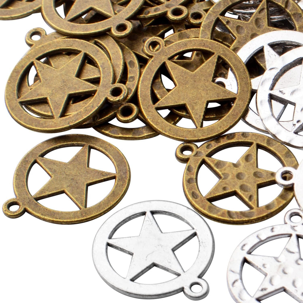 50pcs Pentagram Charms Alloy Round Star Charms Pentacle Charm Pendants for DIY Jewelry Necklace Bracelet Crafts Making,Antique Bronze,Antique Silver