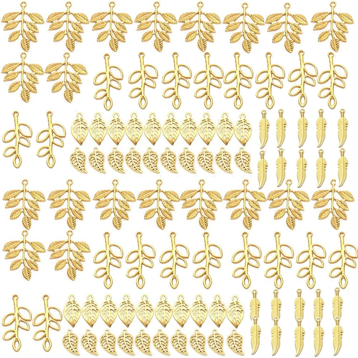 100pcs 5 Styles Tree Leaf Charms Tibetan Alloy Leaves Branch Pendants Vintage Dangle Charms for DIY Earring Necklace Keychains Jewelry Making Accessory, Gold and Antique Silver