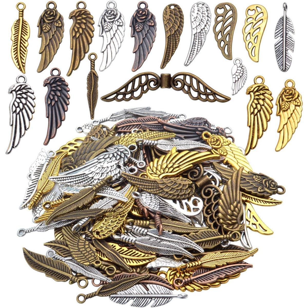 100 Pieces Mixed Colors alloy Angel Feather Wings Charms Pendants Jewelry Findings for DIY Necklace Bracelet