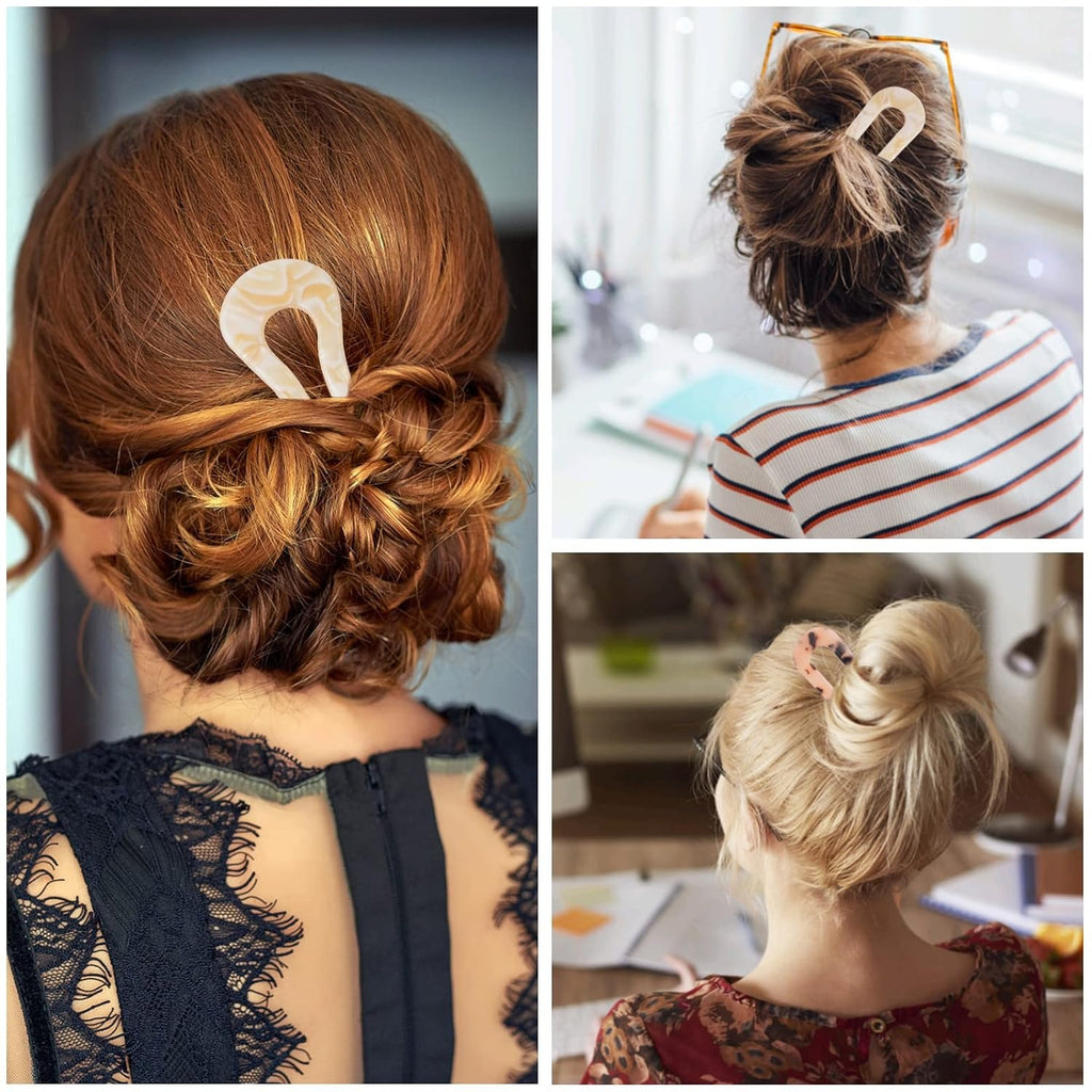 6pcs French Tortoise Hairpins Tortoise Shell U Shaped Large Wavy Crink Clips Cellulose Acetate Bun Hair Stick Fork Pins with 2 Prongs for Women Girls Hairstyle Accessories, 6 Styles