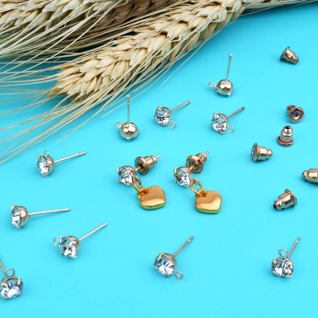 50pcs Rhinestone Earring Studs Hypoallergenic Crystal Earring Posts with Loop and 50pcs Bullet Earring Stoppers Replacement for DIY Jewelry Making(KC Golden)