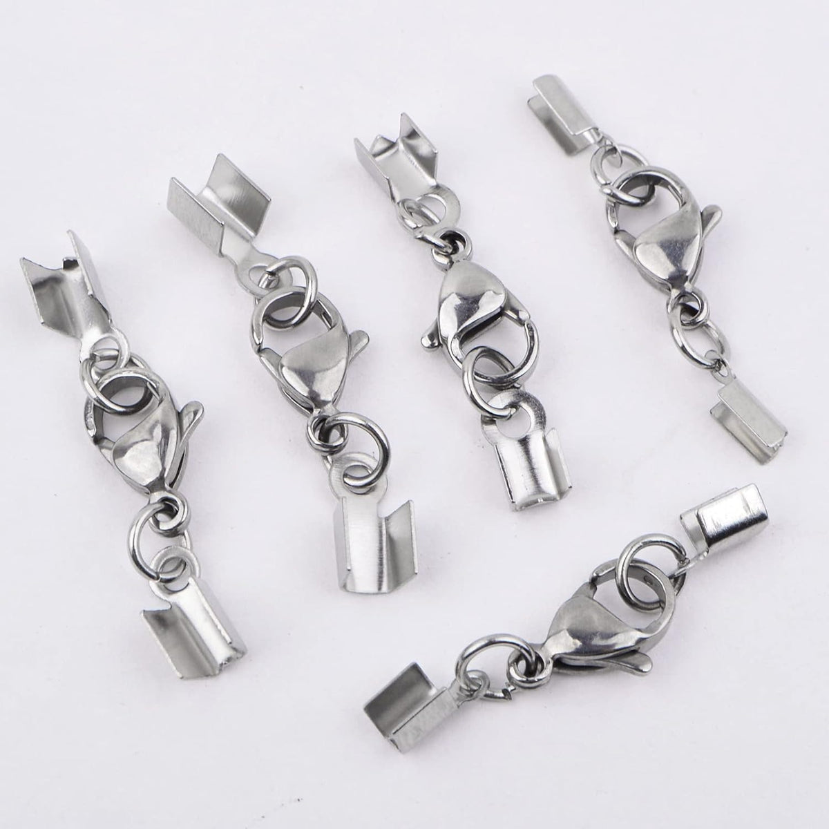 20pcs Lobster Claw Clasps with Cord Ends Stainless Steel Leather Fold Over Necklace Cord End Caps Connector with a Plastic Box for DIY Bracelets Chokers Jewelry Making, 5 Sizes