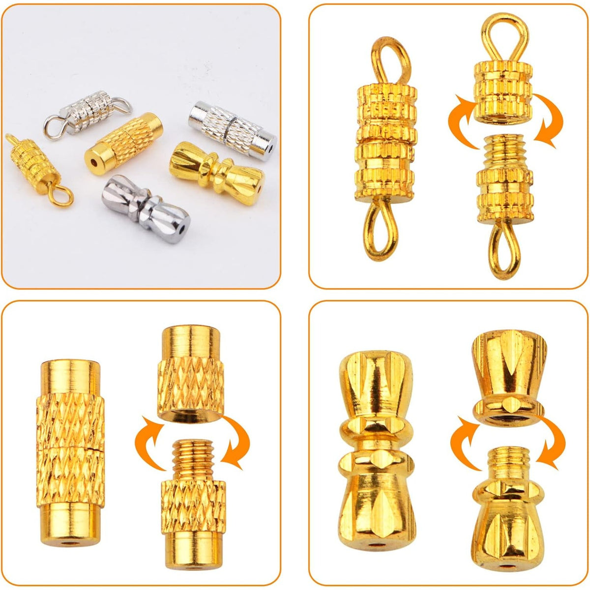 60pcs 3 Styles Brass Screw Type Clasps Necklace Barrel Screw Twist Clasps Connector Cord End Tip Fasteners for DIY Bracelet Necklace Jewelry Craft Making, 3 Colors