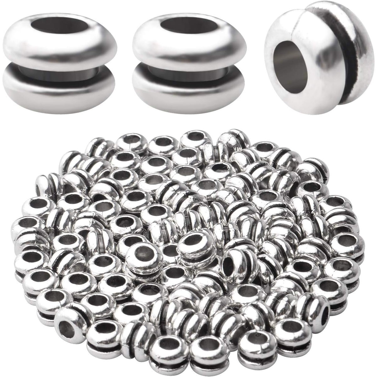 100pcs Antique Silver Spacers Beads Alloy Round Bead Spacers Loose Beads Large Hole Spacer Beads Charms for Bracelet Necklace DIY Jewelry Making