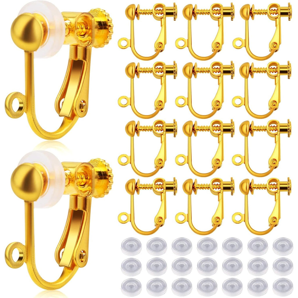24pcs Golden Clip-on Earring Findings Components Brass Screw Back Ear Wire Earring Converters with Easy Open Loop and 24pcs Soft Earring Cushions Pads for Non Pierced Ears