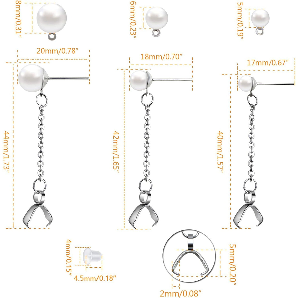 6pcs Stainless Steel Pearl Earring Studs Hypoallergenic Ear Posts with Loop and Pinch Clasp Chains, and 20pcs Clear Earring Backs for DIY Dangle Earring Jewelry Making, 3 Sizes