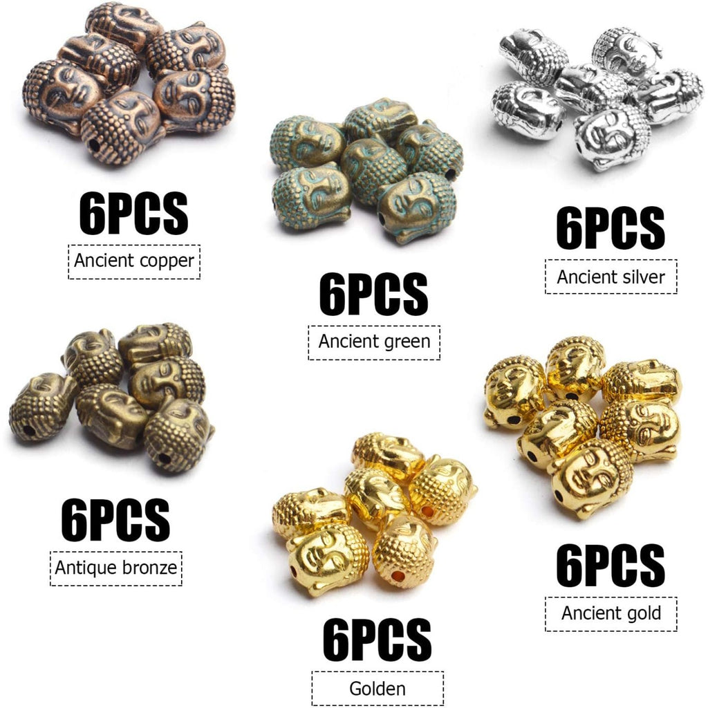 36pcs 6 Colors Buddha Head Beads Tibetan Alloy Charm Connector Beads Loose Spacer Beads for DIY Bracelet Necklace Jewelry Making and Crafting