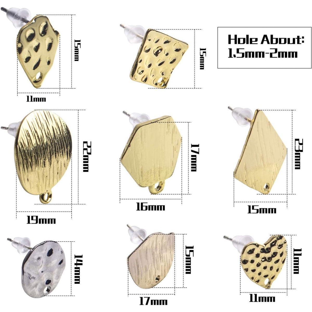 Blank Earring Set, 16pcs 8 Styles Metal Alloy Stud Earrings Post Blank Base with Loop Irregular Shapes Earring Pins with 16pcs Bullet Earring Backs for DIY Earring Jewelry Making, Golden
