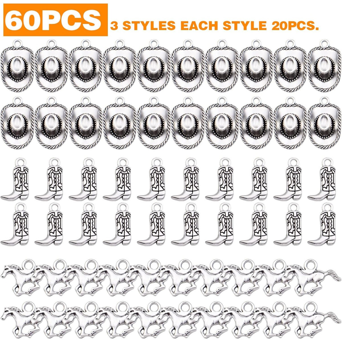 60pcs Silver Western Cowboy Charms Pendants Alloy Horse Cowboy Boot Hat Dangle Charms for DIY Earrings Bracelet Necklace Jewelry Making