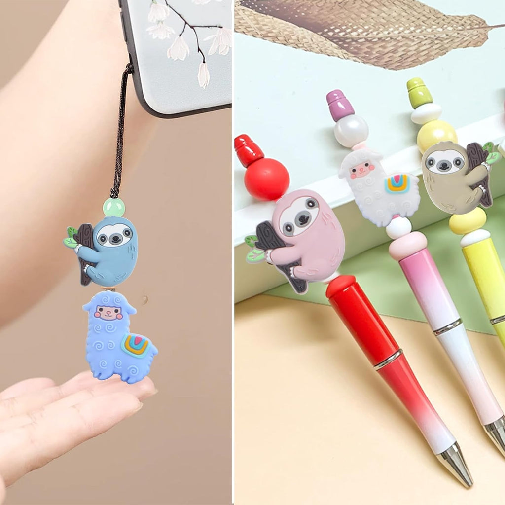 9pcs Animal Shape Silicone Focal Beads for Pen, Colorful Alpaca Sloth Cartoon Silicone Beads Character Rubber Beads Bulk for DIY Bracelet Keychains Jewelry Making Craft Projects