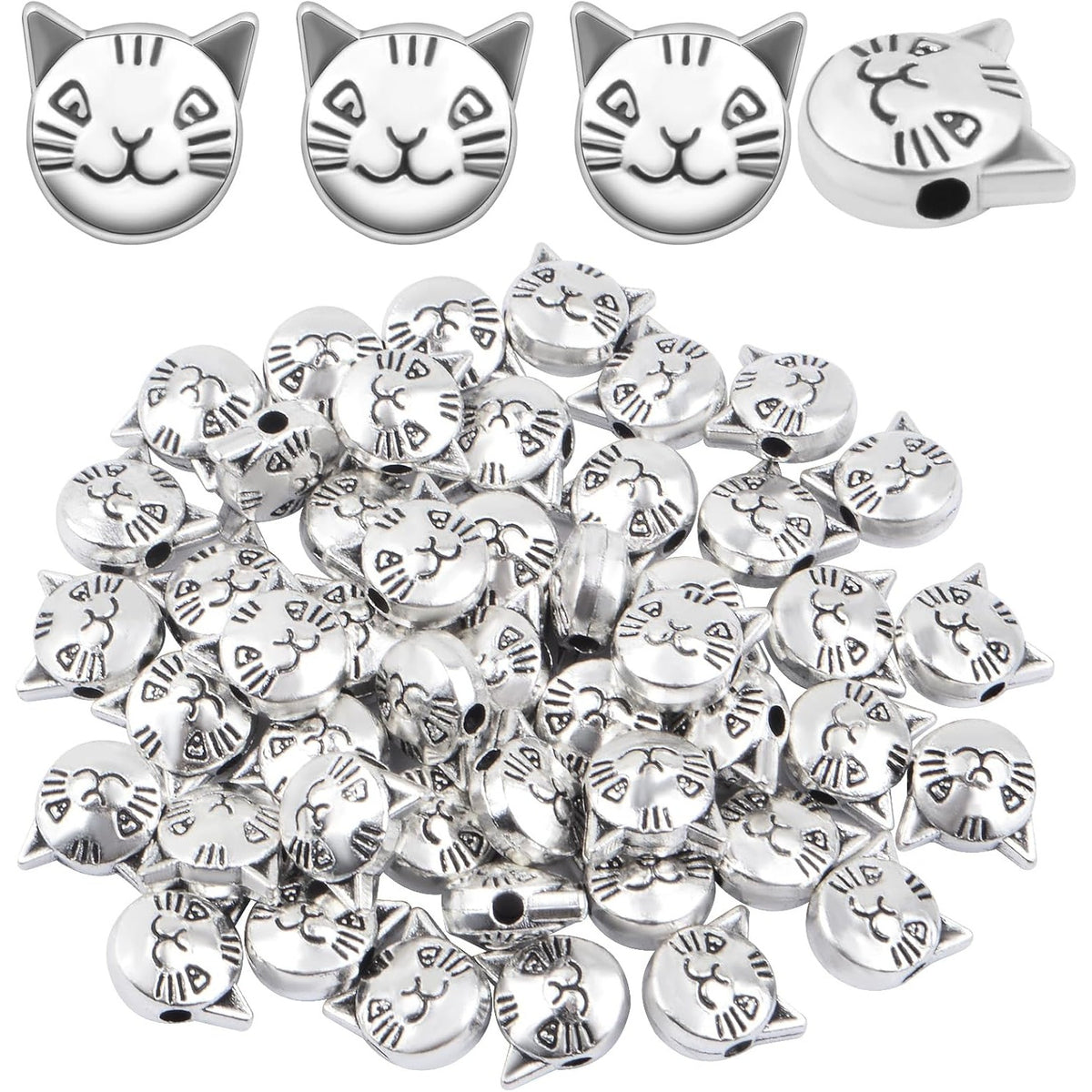 50pcs Antique Silver Cat Spacer Beads Alloy Cat Head Beads Animal Charm Beads Craft Supplies for DIY Jewelry Necklace Bracelet Keychains Making and Crafting