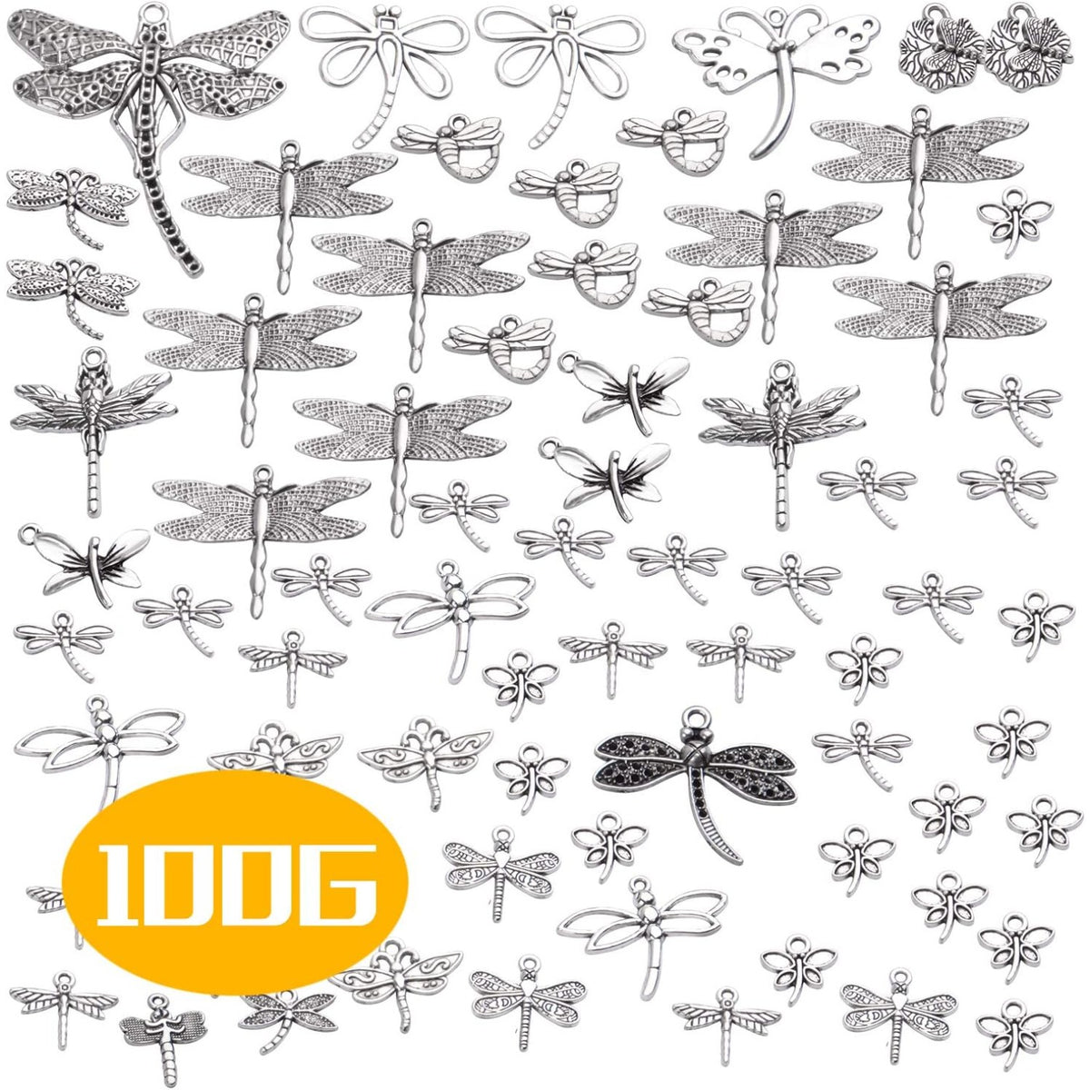 100g (About 50-80pcs) Antique Silver Dragonfly Charms Tibetan Insect Charms Pendants Craft Supplies for Bracelets Necklace Jewelry Making