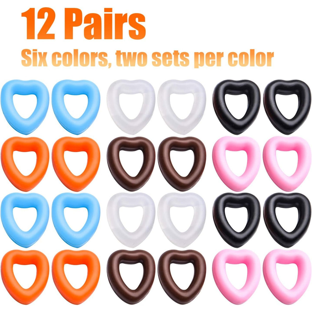 Anti-slip Glasses Grips,12 Pairs Silicone Eyeglasses Temple Tips Heart Ear Hook Holder Eyeglass Retainers Blue Black Pink Orange Brown White for Spectacle Sunglass Reading-glasses
