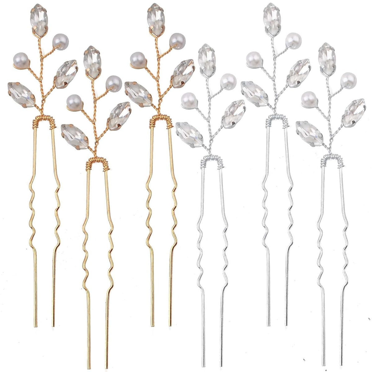 6pcs Pearl Rhinestone Hairpins Clips U-shaped Pearl Embellished Bobby Pins Headpiece Bridal Hair Accessories with a Plastic Box for Women Bride Bridesmaid Wedding Birthday, 2 Colors