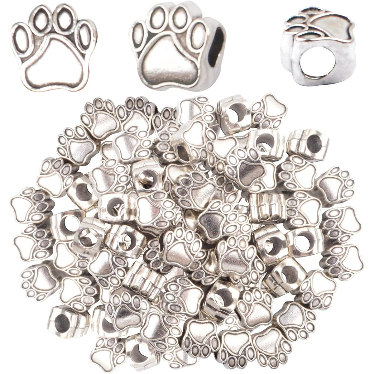 50pcs Antique Silver Animal Paw Print Spacer Beads Vintage Alloy Dog Bear Footprint European Large Hole Beads Accessories for DIY Bracelet Earrings Crafts Jewelry Making, Hole: 4.8 mm