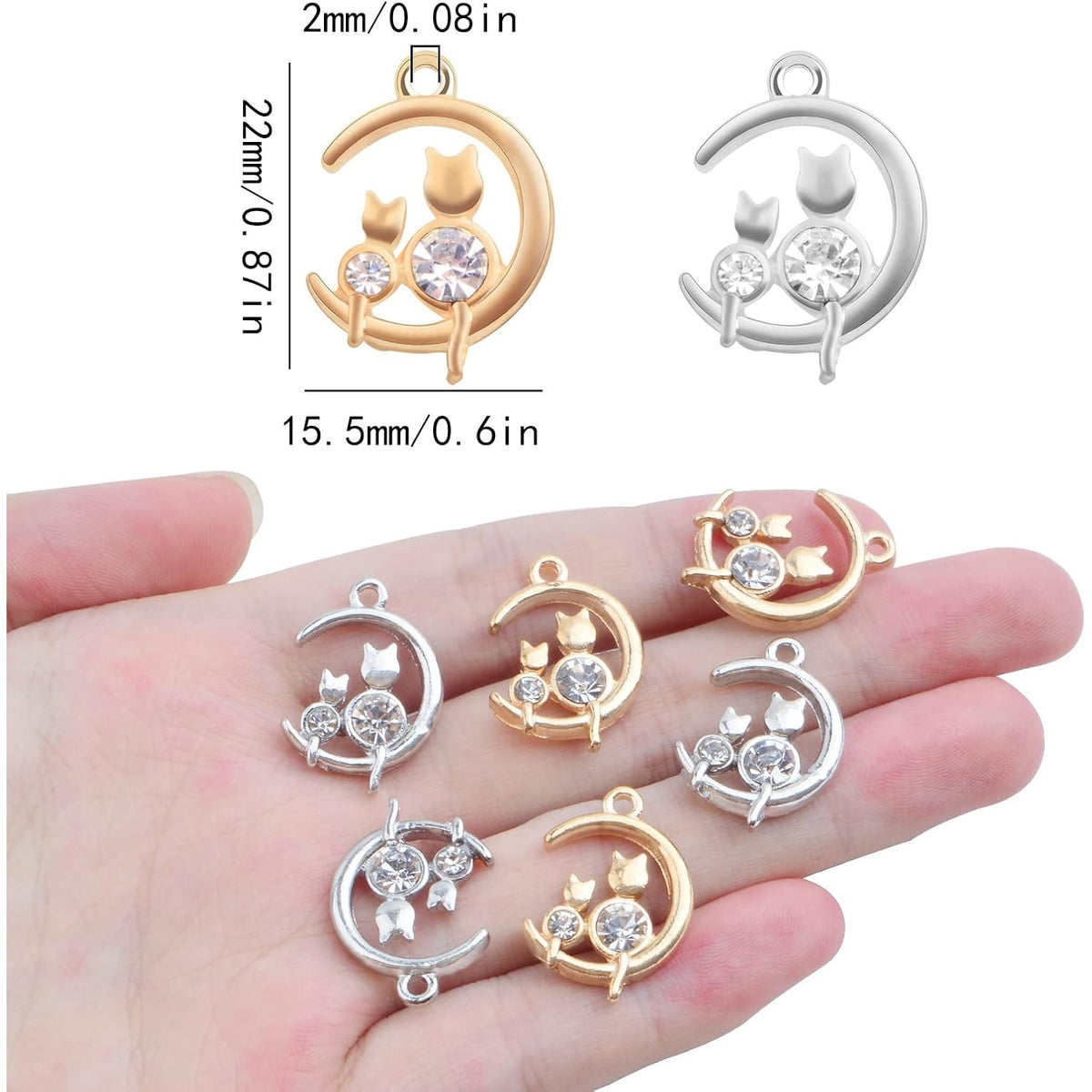 20 Pieces Cute Cat on the Moon Charms with Rhinestone Alloy Celestial Moon Kitty Dangle Pendants Craft Supplies for DIY Necklace Bracelet Earrings Jewelry Making, 2 Colors